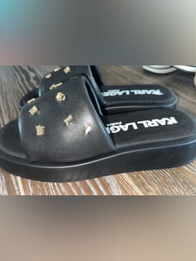 Karl Lagerfeld Black Slide Sandals with Gold Logo Studs